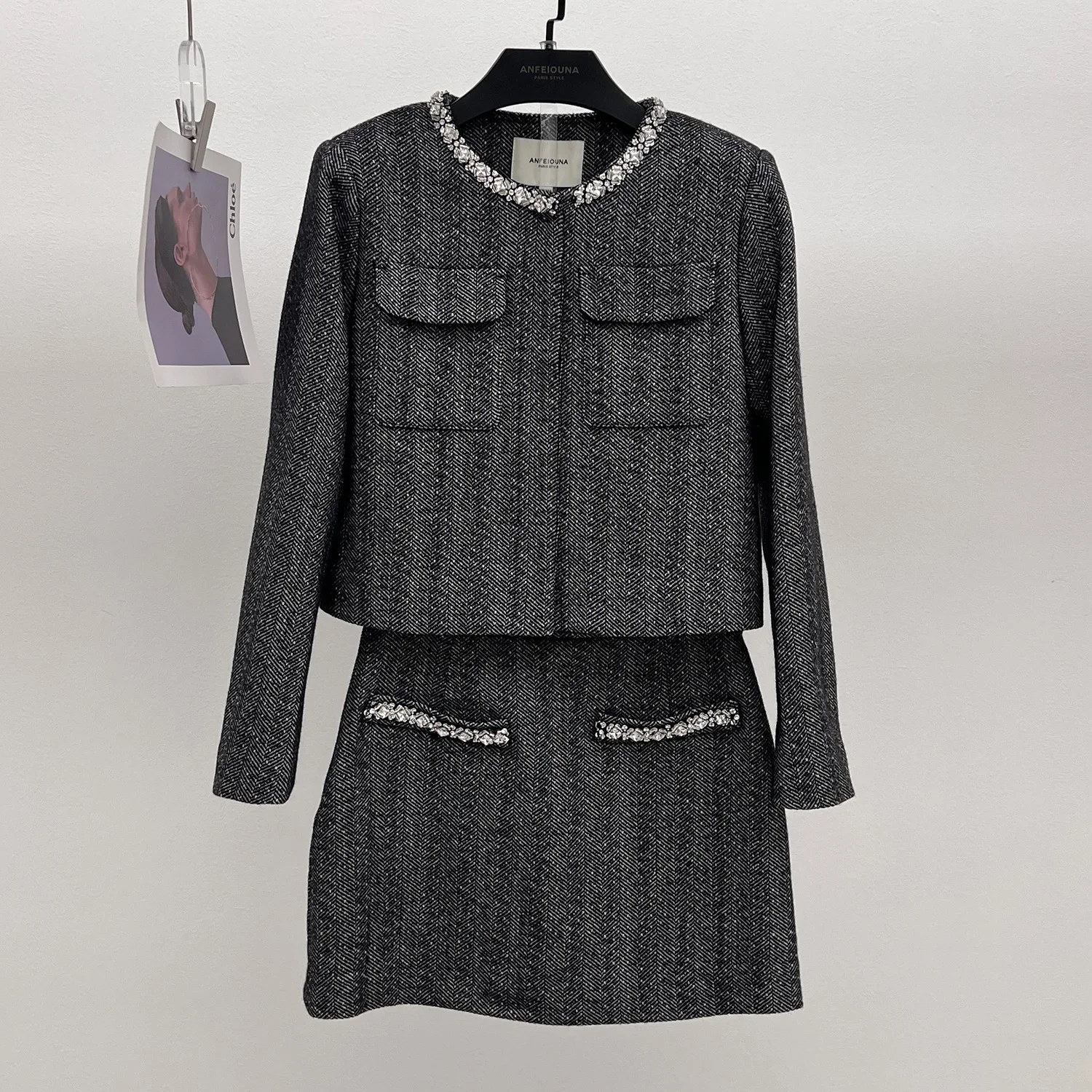 Elegant Women's Set 2024 Runway Designer Diamonds Grey Wool Tweed Beaded Short Jacket + Mini A Line Skirt Women 2 Piece Sets