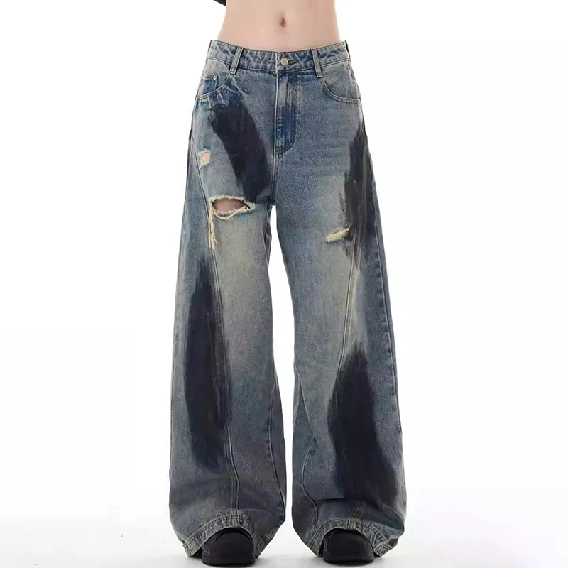 Retro herenbroek met rechte pijpen, casual broek, gescheurde denim, jeans in paarstijl, mode-jeans, blauwe jeans met kleurblokken