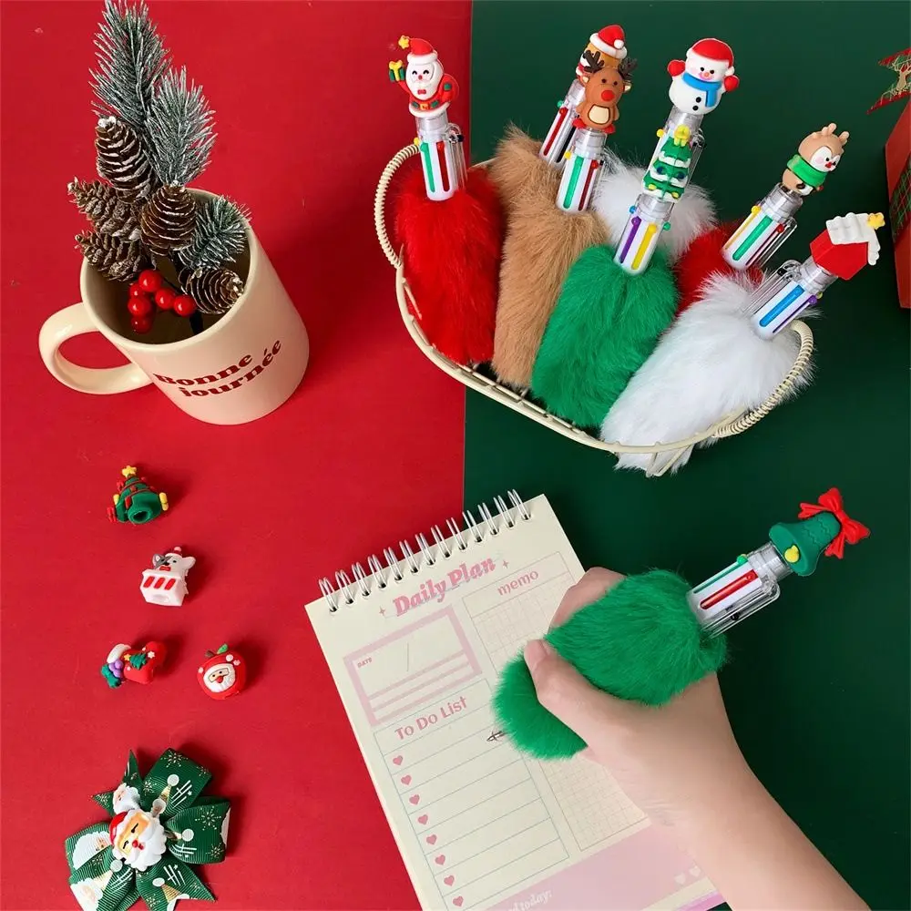 Christmas Plush Cartoon Six Color Xmas Gel Pen Neutral Pen Children Press Ballpoint Pens Christmas Gift Student Writing Tool