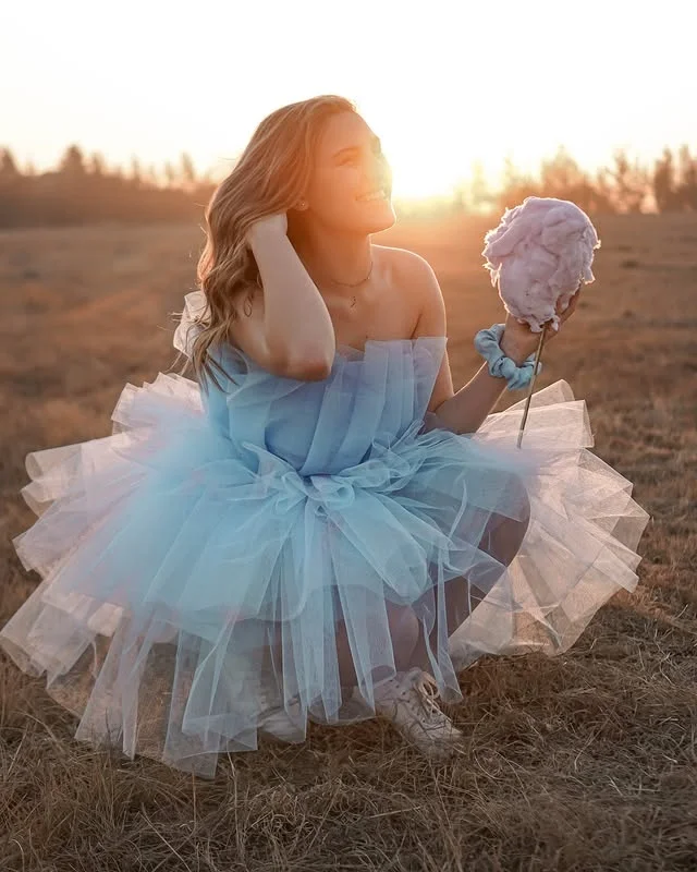 Vestido de fiesta corto sin tirantes, azul claro, con volantes, tul escalonado, vestido de fiesta de cumpleaños para niñas, vestido de fiesta Formal por encima de la rodilla