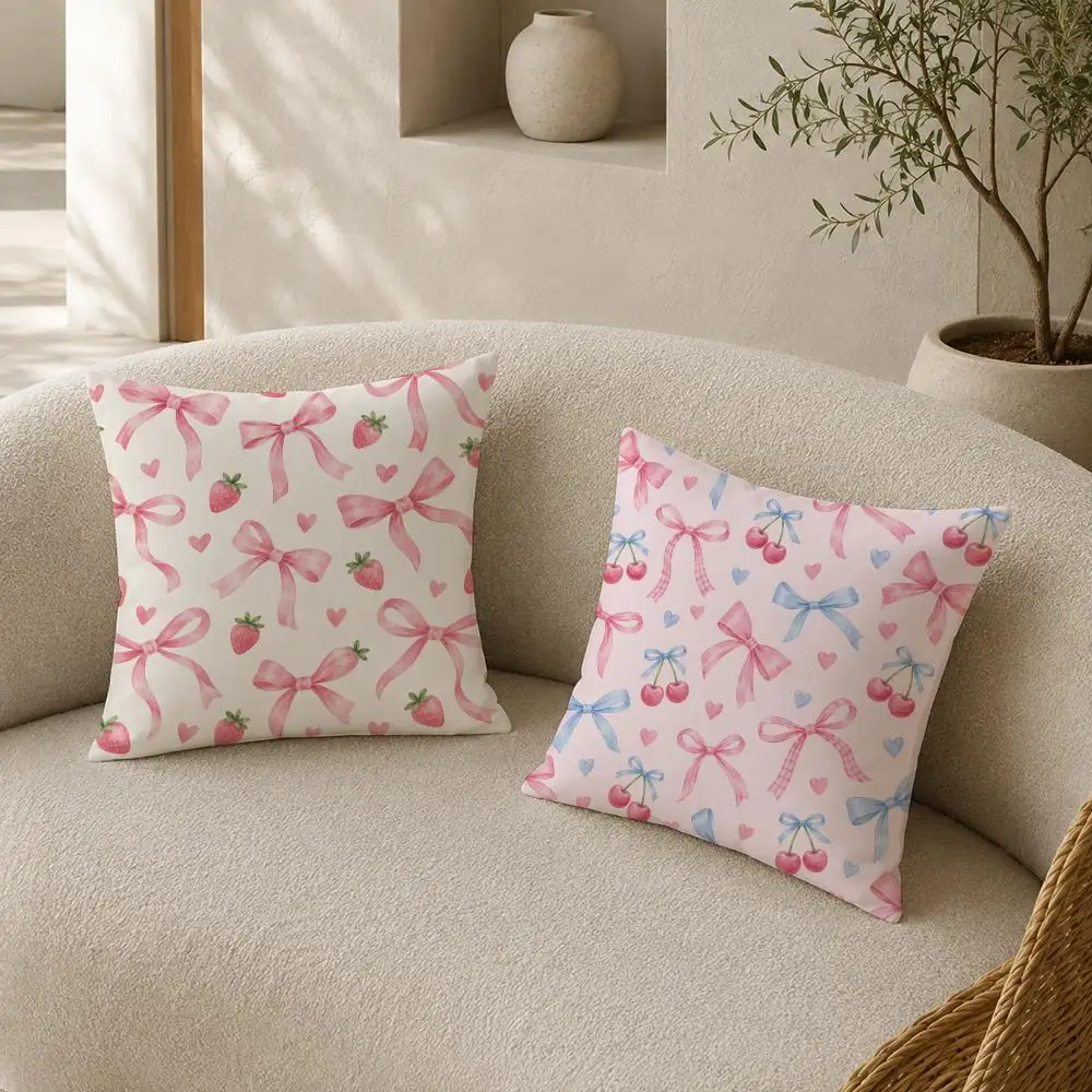 Cute Pink Bow Cherry Gift Cushion Cover Pillow Case plush Double-sided Print Square Covers Sofa Home Cushion