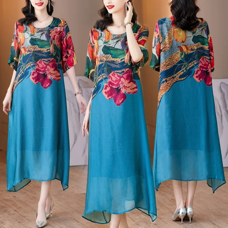 Verão 2023 plus size solto emagrecimento retro impressão Dr feminino camada dupla irregular étnica sle saia longa linha A poliéster...