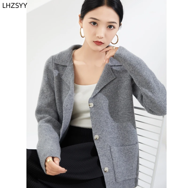

LHZSYY Spring Suit Collar 100% Merino Wool Cardigan Ladies New Knit Coats Sweater Loose Warm Casual Women Jacket Top Base Shirt