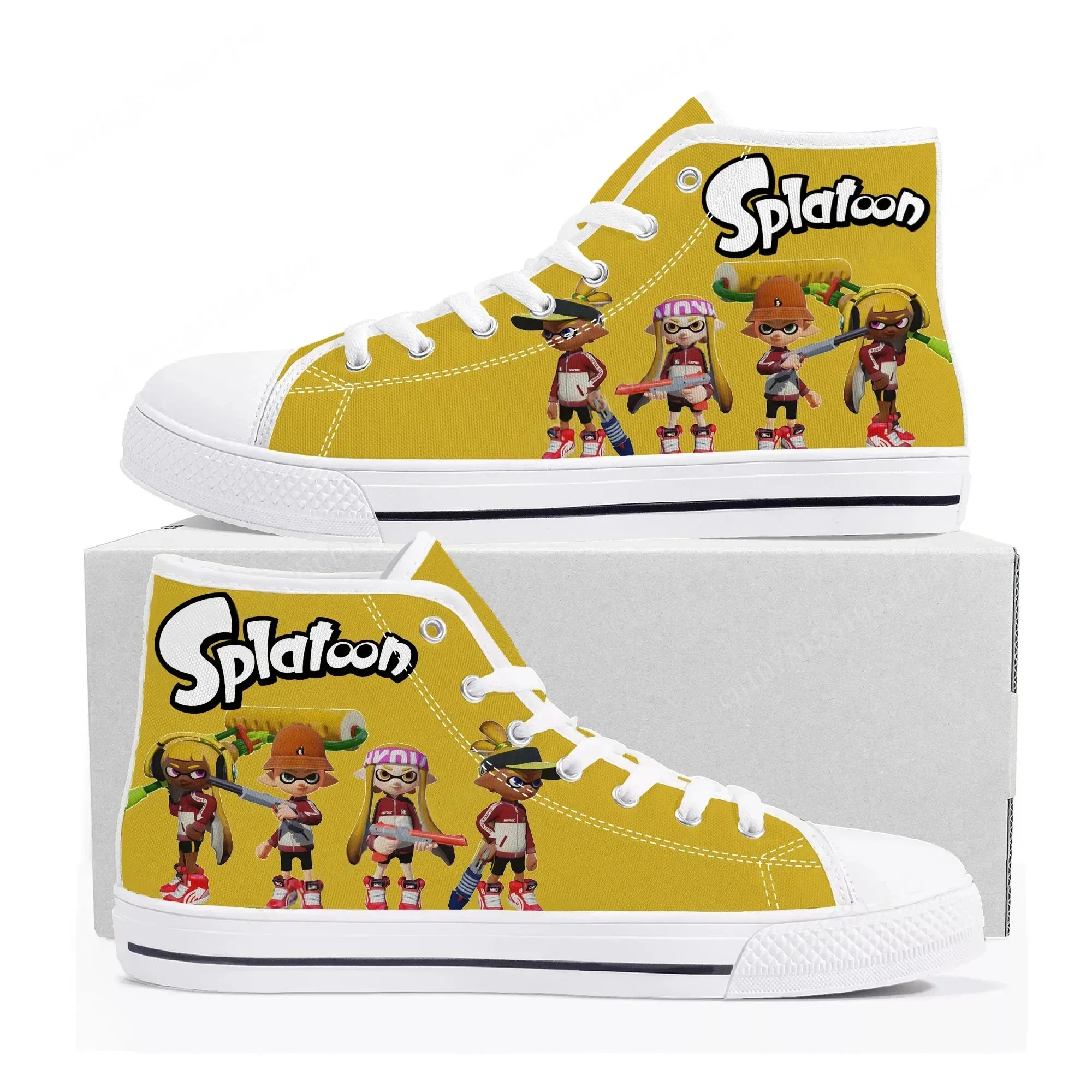 

Высокие кроссовки в стиле аниме, мультфильмов и игр Splatoons, мужские, женские, подростковые, высококачественные модные кроссовки из ткани, повседневная обувь, изготовленные на заказ.