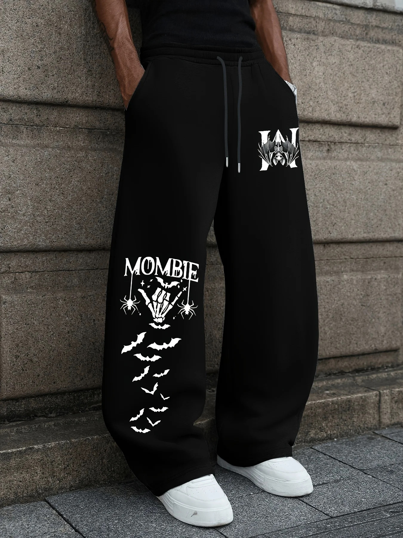 Gothic Dark Skull Bat Graphic Printed Men Straight Leg Sweatpants Different Pattern For Two Legs Drawstring Waist S-3XL