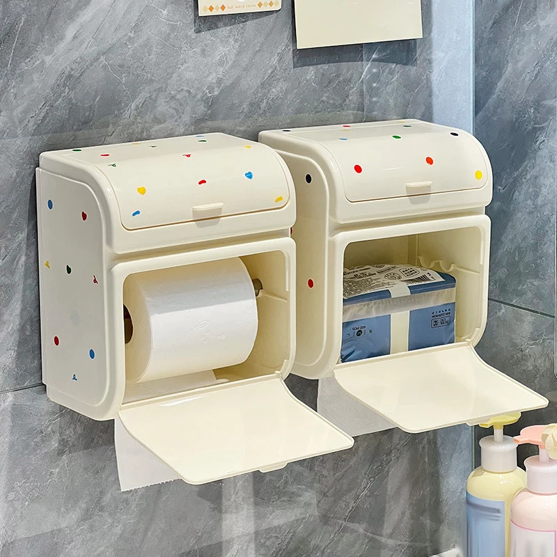 2027 Wall-mounted Toilet Paper Holder Double-layer Waterproof Cute Sticker Drill-free Multi-purpose for Bathroom WashroomOrganiz