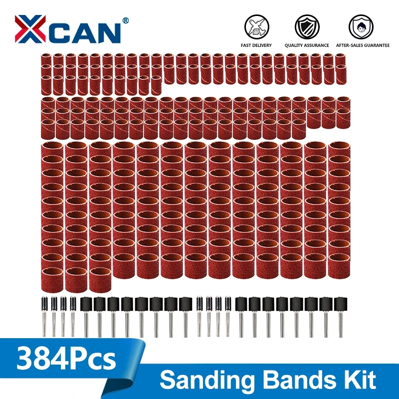 XCAN 384pcs Sanding Drum Set 80/120/240/320/400/600 Grit Sanding Bands with Mandrel for Dremel Rotary Tools Abrasive Tools