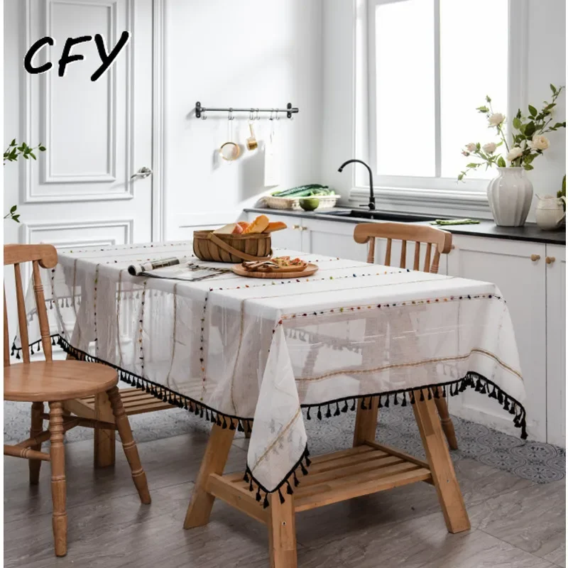

Cotton Linen Nordic Rainbow Horizontal Stripe Rectangular Tablecloth Home Coffee Dining Table Fireplace Microwave Cover