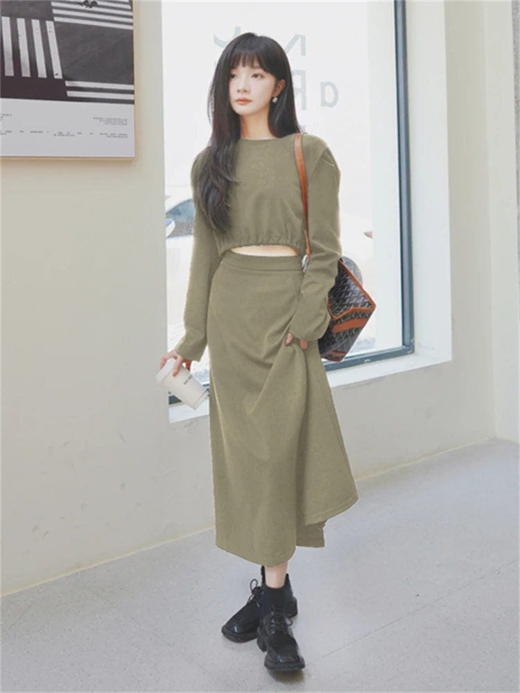 

Women Two Piece Set Hoodie and Skirt 2022 Autumn Long Sleeve O-neck Drawstring Waist Slim Short Pullover Tops Skirts Outfit 6627