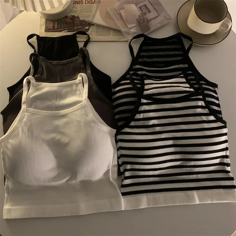 Korean Version Women Tank Tops Thread Solid Casual Fashion Crop Top with Chest Pad Stripe Sleeveless Outer Wear Basic Camisole