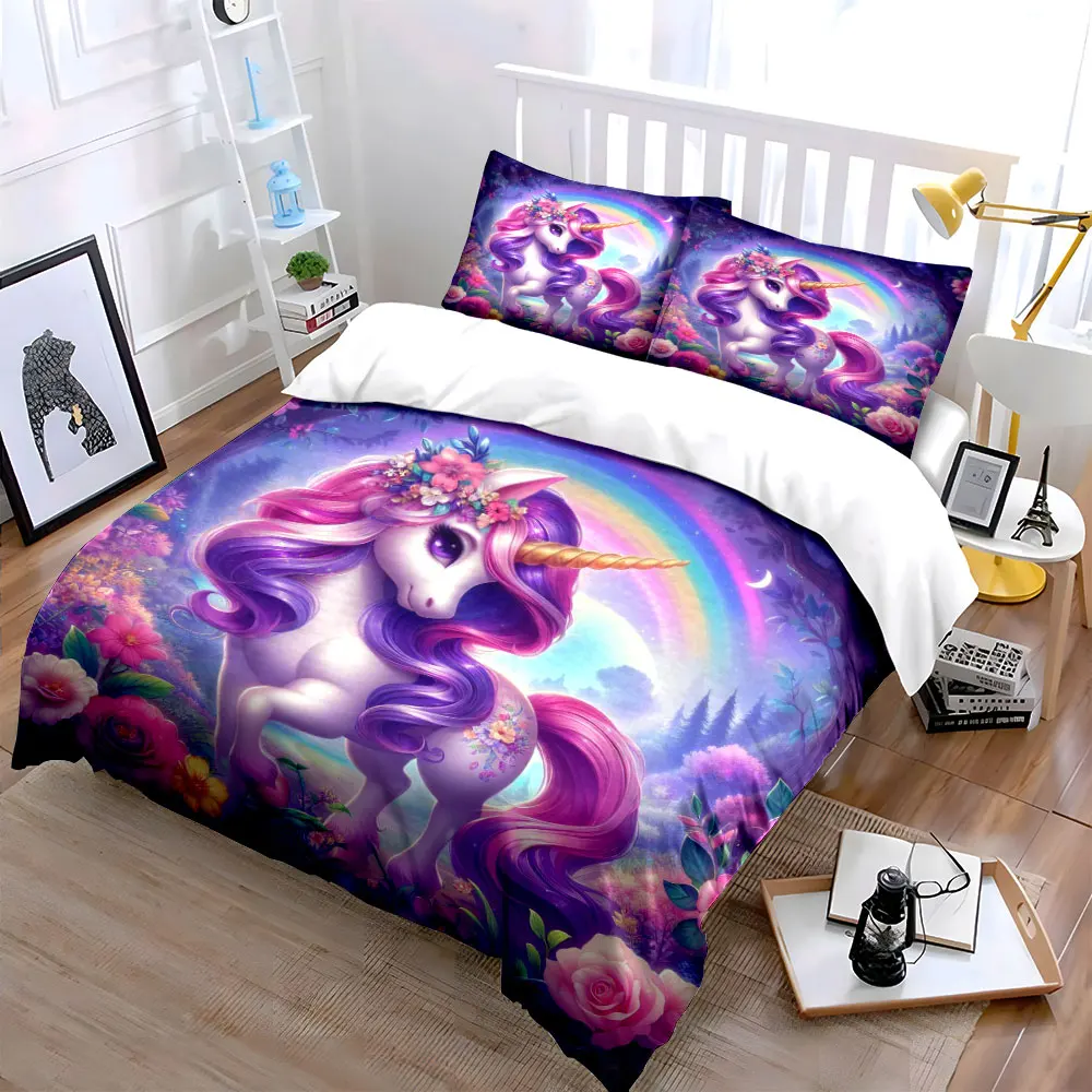 Magical unicorn in rainbow forest Print Bedding Set 1 Duvet Cover 2 Pillowcases for Adult and Children Luxury Gift Full Size