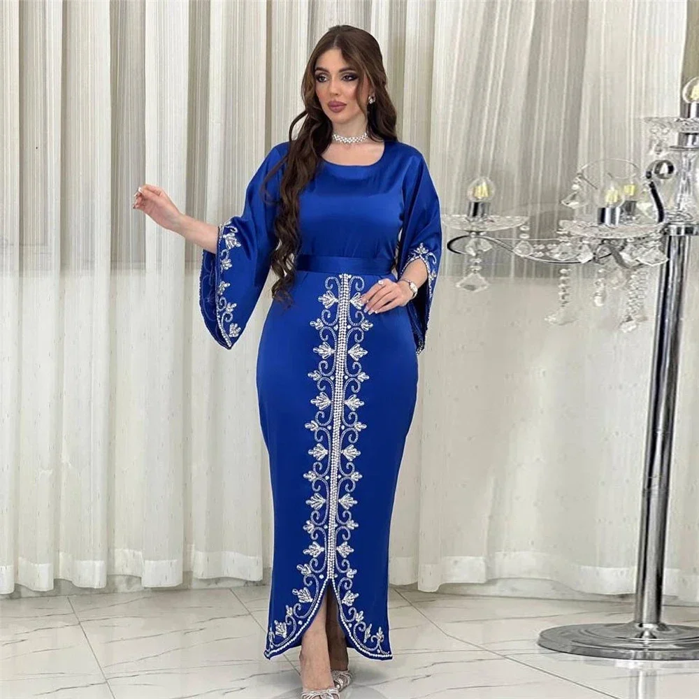 Vestido elegante árabe vestidos longos de noite feminino cetim diamantes com cinto abaya ramadan muçulmano marroquino festa kaftan bodycon roupas