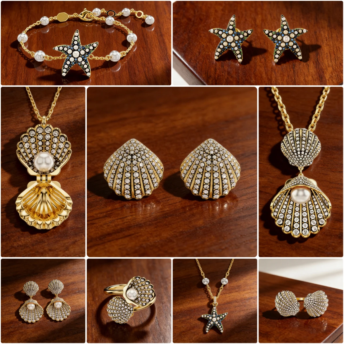 

Модный роскошный ювелирный набор с морскими звездами и ракушками, позолоченное ожерелье с цирконами и жемчугом, серьги, браслет, кольцо, подарок