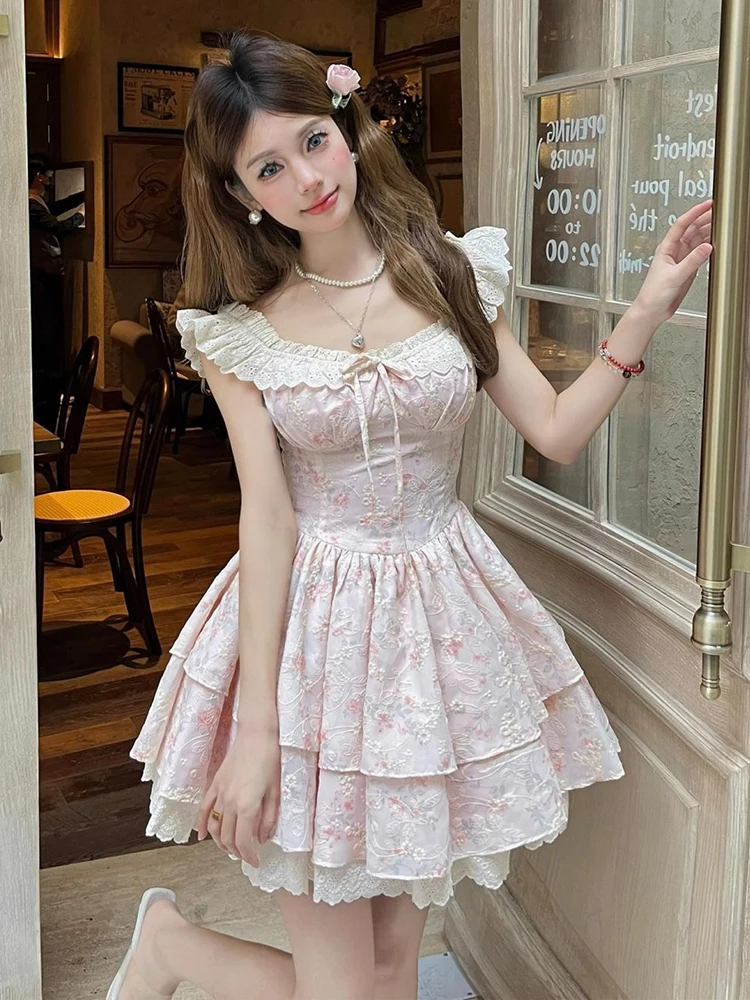 Lolita Zoete Bloemen Jurk Vrouwen Slanke Vliegende Mouw Elegante Leuke Mini Jurk Vintage Casual Kant Patchwork Kawaii Vestidos