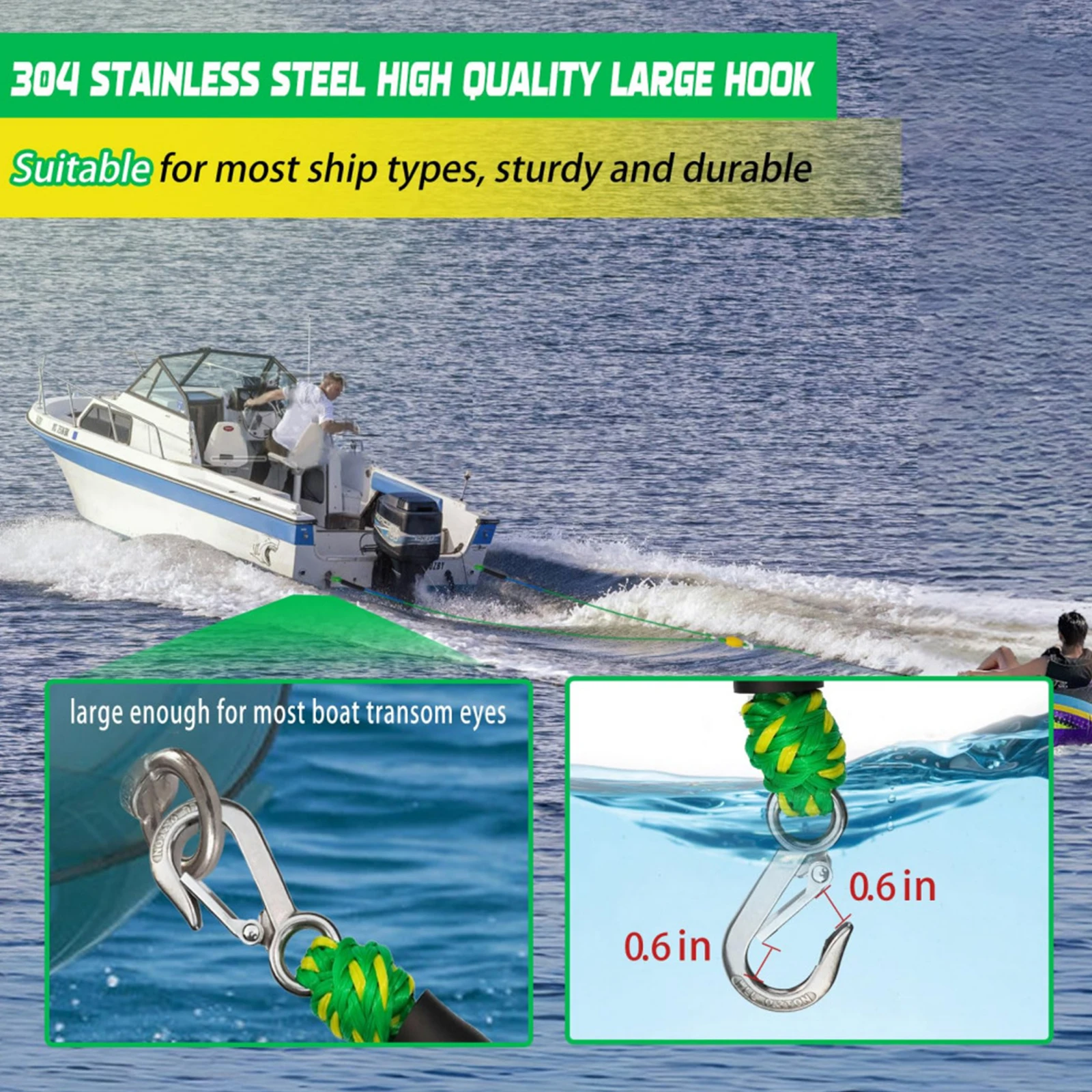 Tow Rope Connector with Hook Heavy Duty Towing Rope Watersports Towing Harness Line for Boat Water Sport Jet Ski Wakeboarding