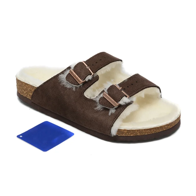 luxury designer brand arizona sandals men winter fluff slippers flat soft sole with buckles warm women slippers with shoebox