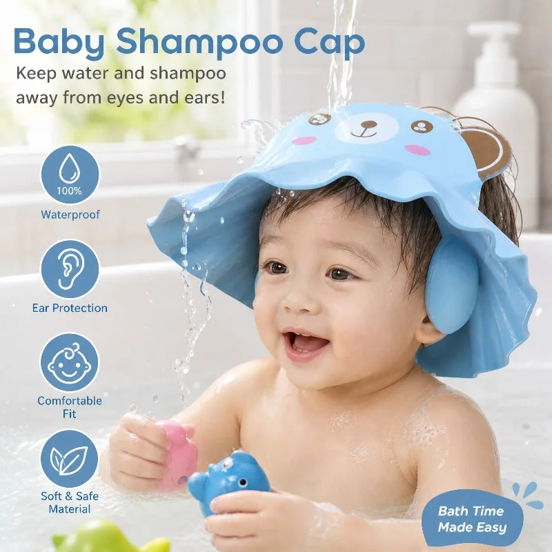 Soft Baby Shower Cap Adjustable Ear Protection Hair Wash Hat for Kids Safe Shampoo Bathing Head Cover