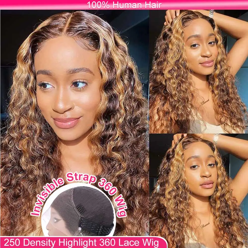 

250 Density Invisi Strap 360 Full HD Lace Glueless Wig Human Hair Chocolate Brown Lace Front Wig Deep Curly Wave Frontal Wig