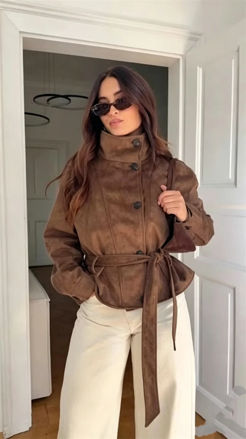 Guobioziy Women's Jacket 2026 Fall/Winter New Arrival Fashion Stand Collar with Belt Suede Texture Waist-Cinching Short Jacket