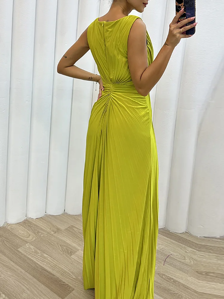 Spring Summer Women Chic Pleated  Dress Round Neck Casual Party Club Off Shoulder Dress Lady Sleeveless Solid Floor-Length Dress