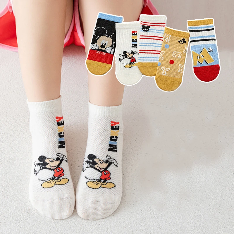 

5 Pairs Disney Mickey Mouse Cotton Socks Cute Cartoon Children's Cotton Socks Spring Summer New Mesh Boat Sock Soft Breathable