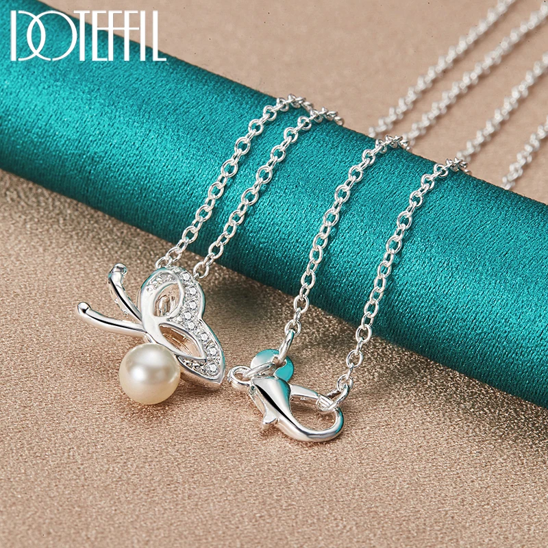 

DOTEFFIL 925 Sterling Silver Pearl Butterfly AAA Zircon Pendant Necklace For Women Wedding Jewelry