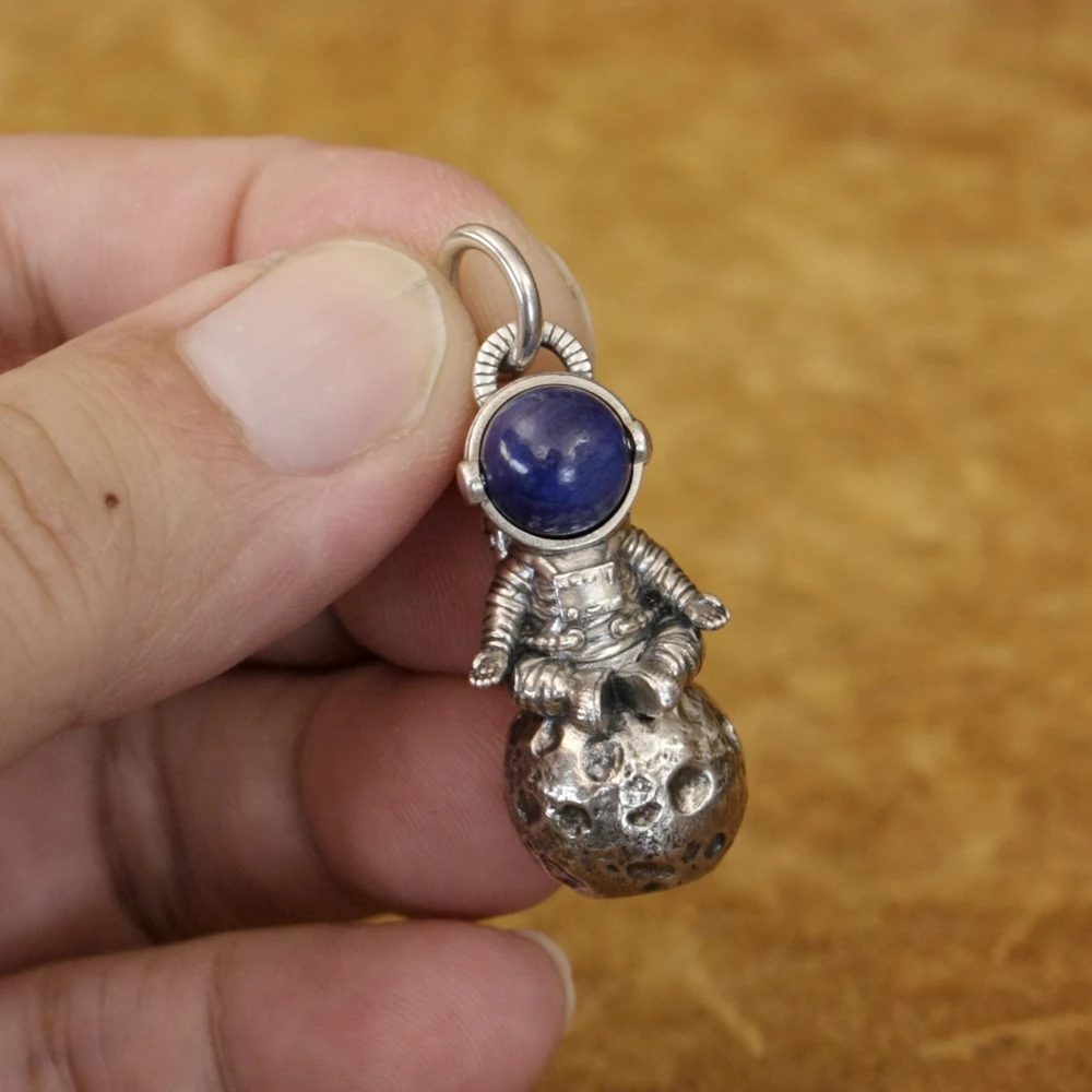Blue Stone Helmet 925 Sterling Silver Astronaut Pendant Earth Guardian Charms Jewelry TA346 BZ
