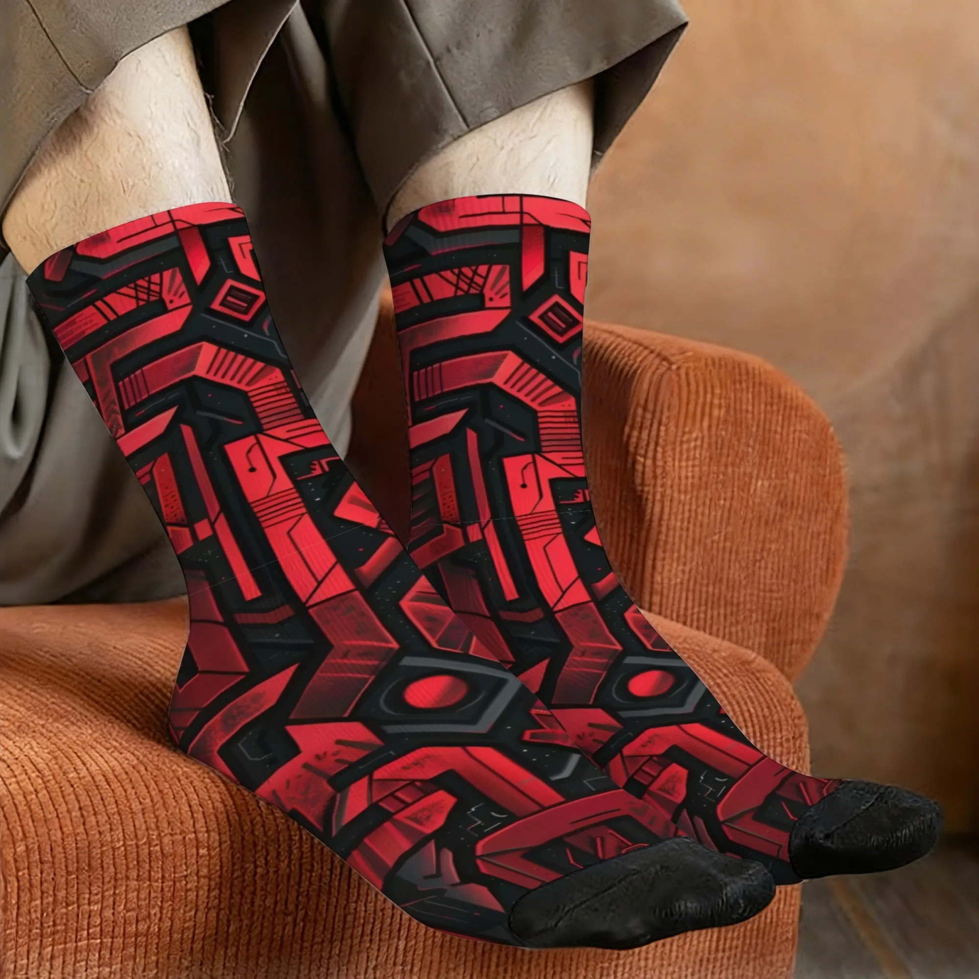 Harajuku Retro Crimson Cyber ​​Mechanical Geometric Print Men's Socks Novel Street Futuristic Tech Style Casual Socks Party Gift