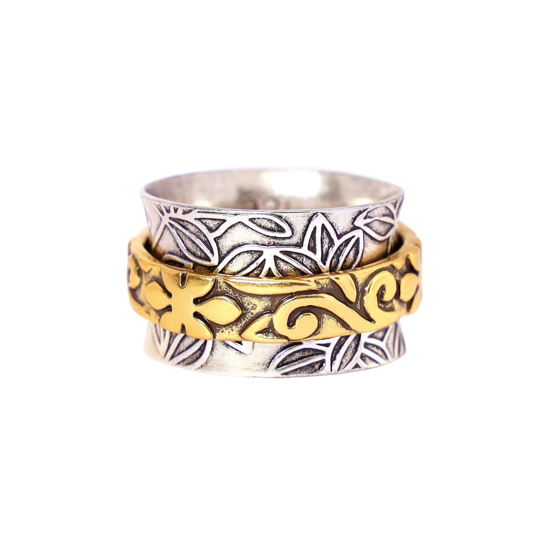 Handmade Floral Pattern 2 Tone Spinner Ring Fashion Spinner Ring for Women