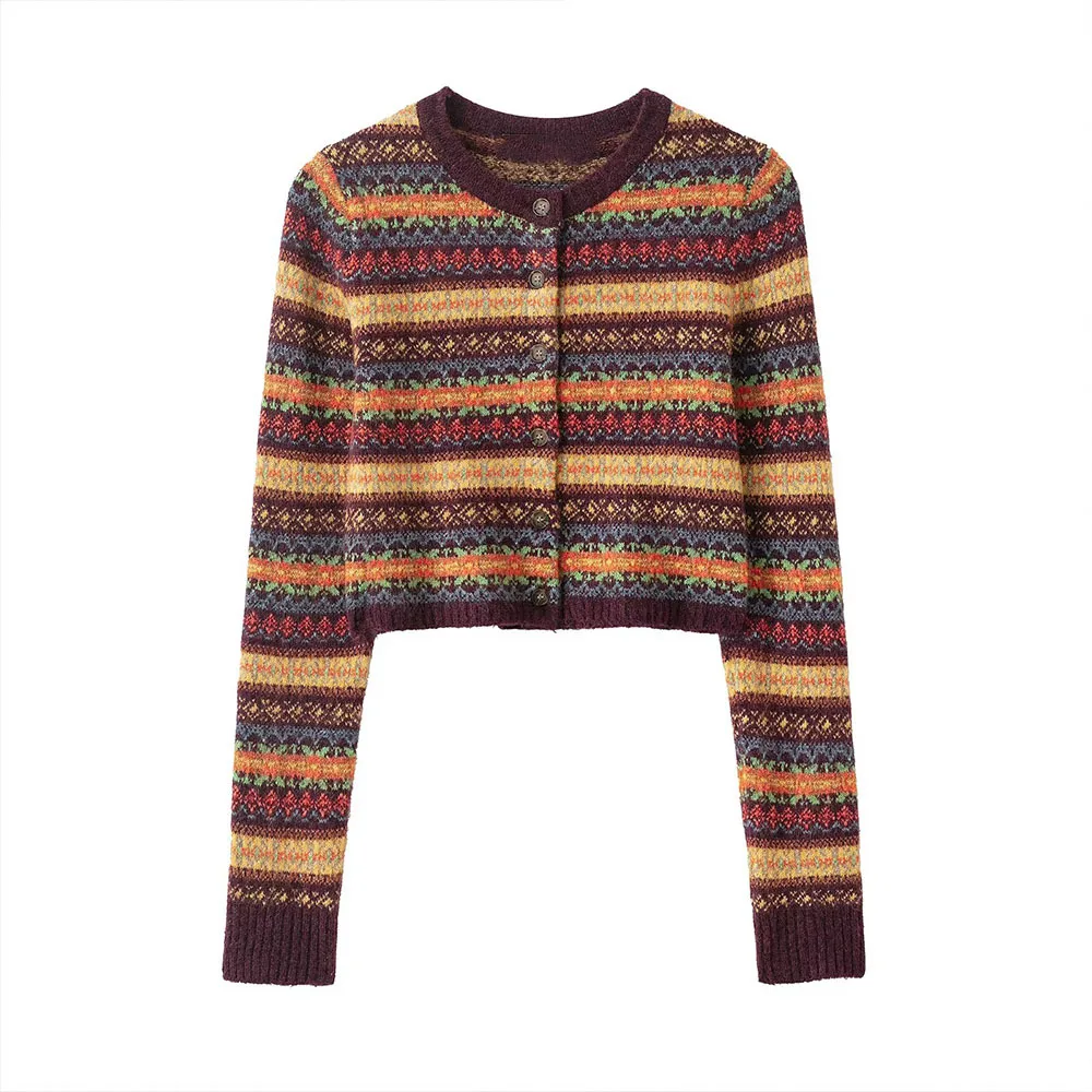 

Трансграничная осенняя новая жаккардовая вязаная короткая куртка в европейском и американском стиле с круглым вырезом и длинными рукавами в стиле ретро