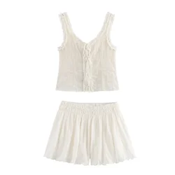 PB&ZA2024 Summer New Product Casual Women's Wear Simple Fashion Solid Color Bow Decoration Embroidered Top Shorts Set