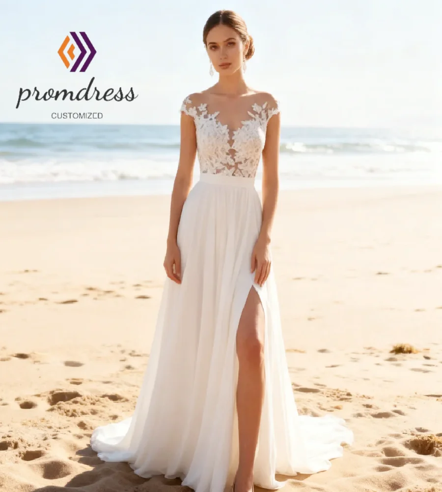 Illusion Neckline Lace Bodice Beach Wedding Dress 2026 Sexy Backless Chiffon Boho Bridal Gown With Slit Appliques Lace Elopement