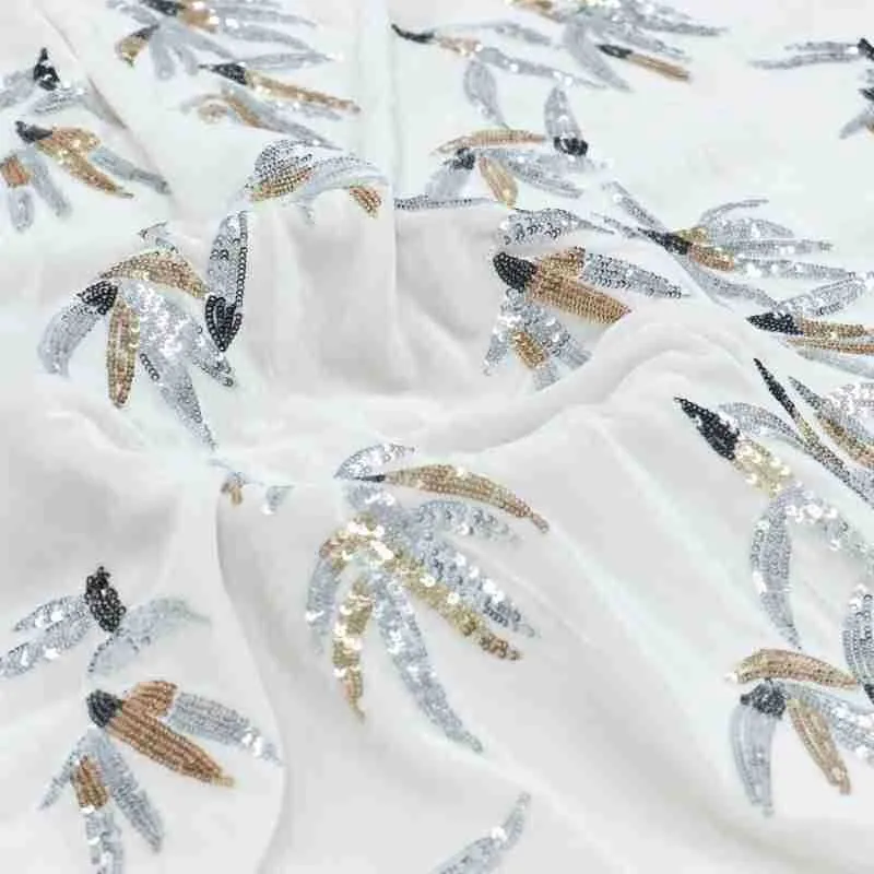 

White three-dimensional flower silk sequin embroidery georgette velvet wedding dress evening performance women's clothing fabric