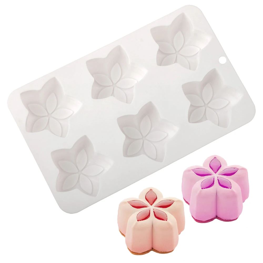 6 Cavity Five Pointed Flower Mousse Cake Silicone Mold Chocolate Pudding Dessert Mold and French Pastry Baking Mold