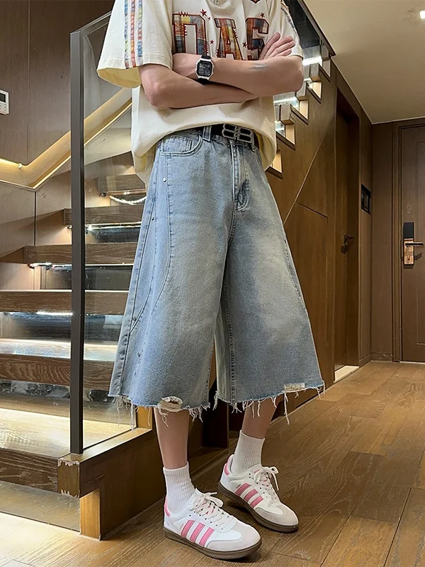 

Мужские летние тонкие джинсы прямого кроя в американском ретро-стиле, шорты до колена, модные брендовые брюки-восьмерки, повседневные джинсы со средней посадкой