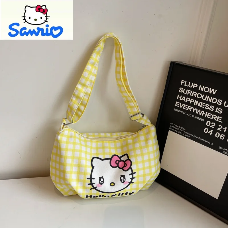 Sanrio Large Capacity Fresh Checkered Cartoon Hello Kitty Crossbody Bag for Women's Casual Versatile Handheld Travel Bag