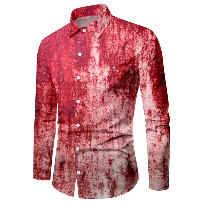New Men's Halloween Blood Stain Lapel Long Sleeve Shirt One Piece Dropshipping