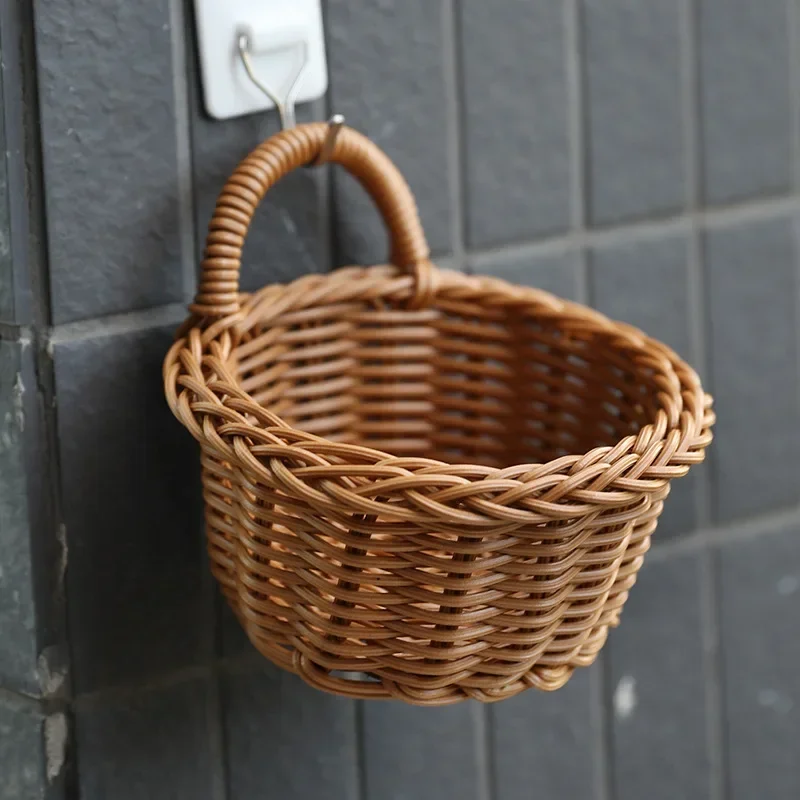 Cesta de almacenamiento de plástico colgante para flores, plantas, maceta, cesta tejida a mano con asa para cocina, organizador, decoración de la