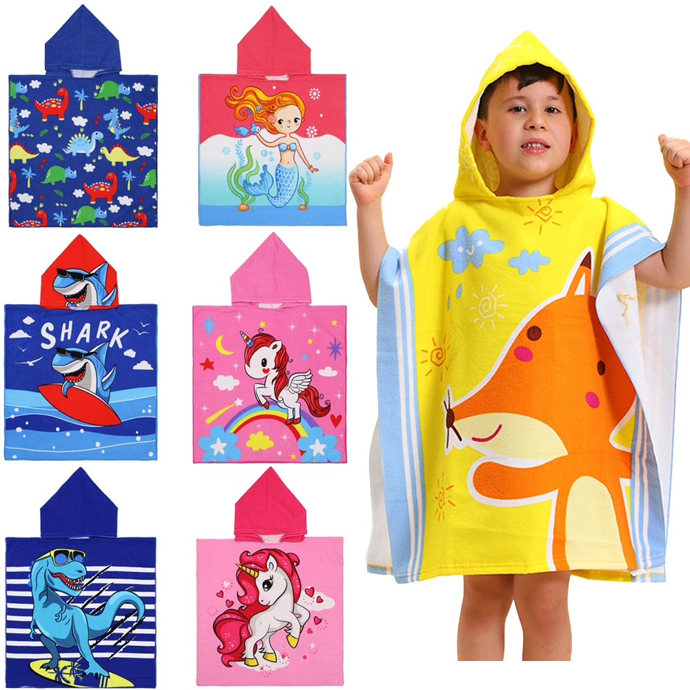 Children Bathing Stuff Kids Hooded Cape Towel Boy Shark Bathrobe Baby Dinosaur Bath Towel Girls Unicorn Beach Towel Wrap Blanket