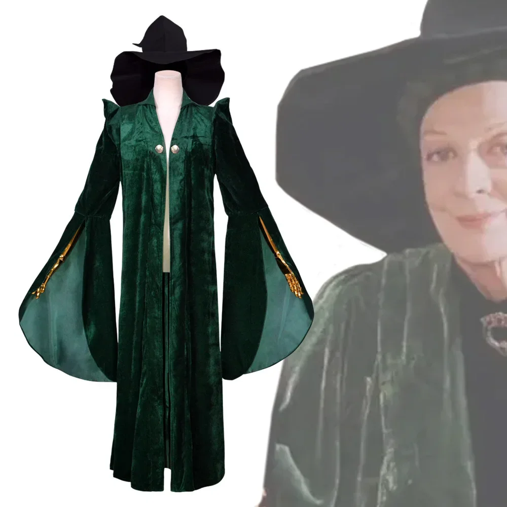 

High Quality Professor Minerva McGonagall Cosplay Costume Green Cape Velvet Role Play Cloak Halloween Adults Children Costume