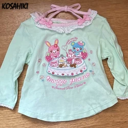 2024 Japanese Cartoon Embroidery Lolita T-shirt Women Sweet Y2k Aesthetic Lace Patchwork Tops Harajuku Grunge Kawaii Halter Tees