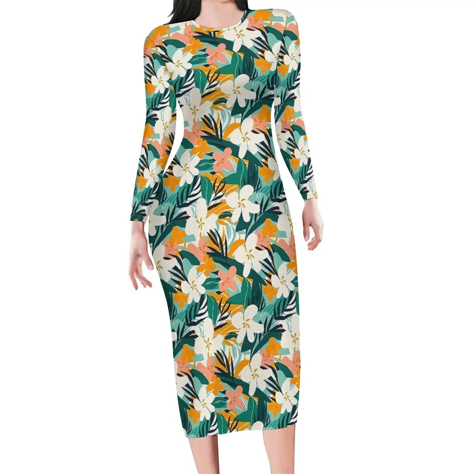 Tropical Floral Hibiscus Dress Long Sleeve Bright Flowers Dresses Autumn Female Street Wear Pattern Bodycon Dress Big Size 5XL