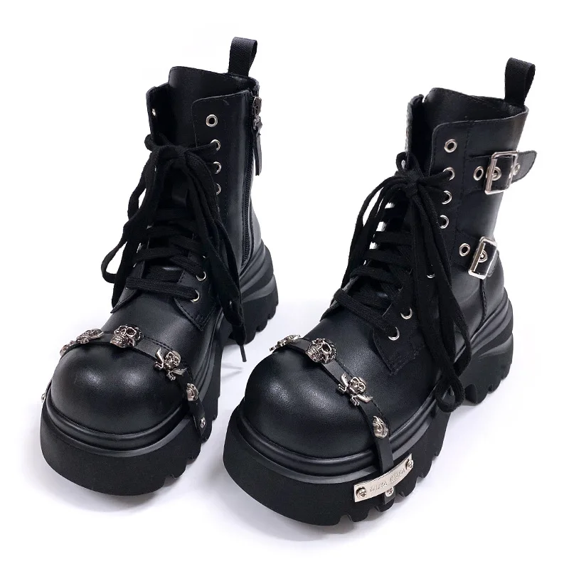 Gothic Punk Style Platform Couple Ankle Boots Designer Metal Decorative Belt Buckle Women Mans Motorcycle Booties Zapatos Hombre