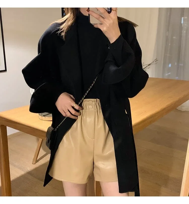 UNXX 2023 Autumn/Winter New Petite Coffee Color Wool Double-Sided Cashmere Coat for Women, Korean Style Woolen Suit High Quality