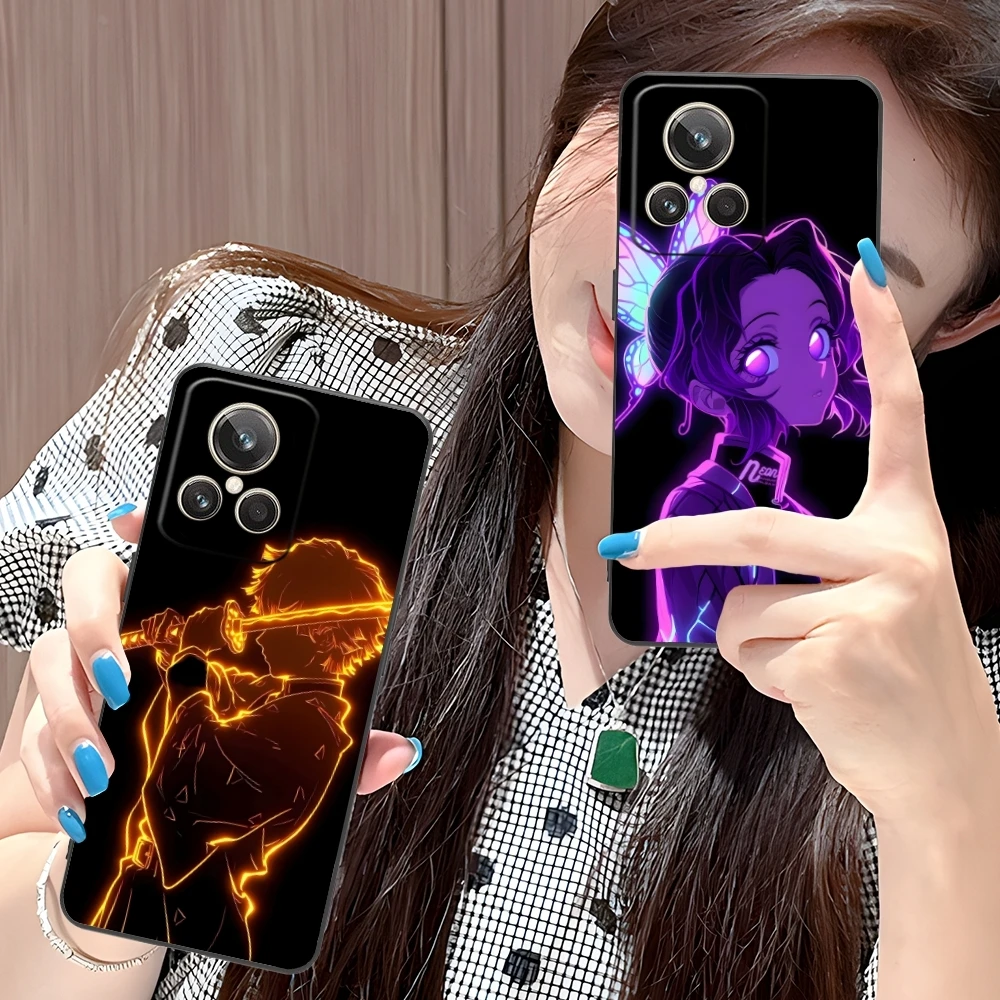 Demon Slayer Colored Neon Cell Phone Case for Realme GT 2 9i 8i 7i Pro X50 X2 C35 C21 C20 C11 C3 Black Soft Phone Cover Shell