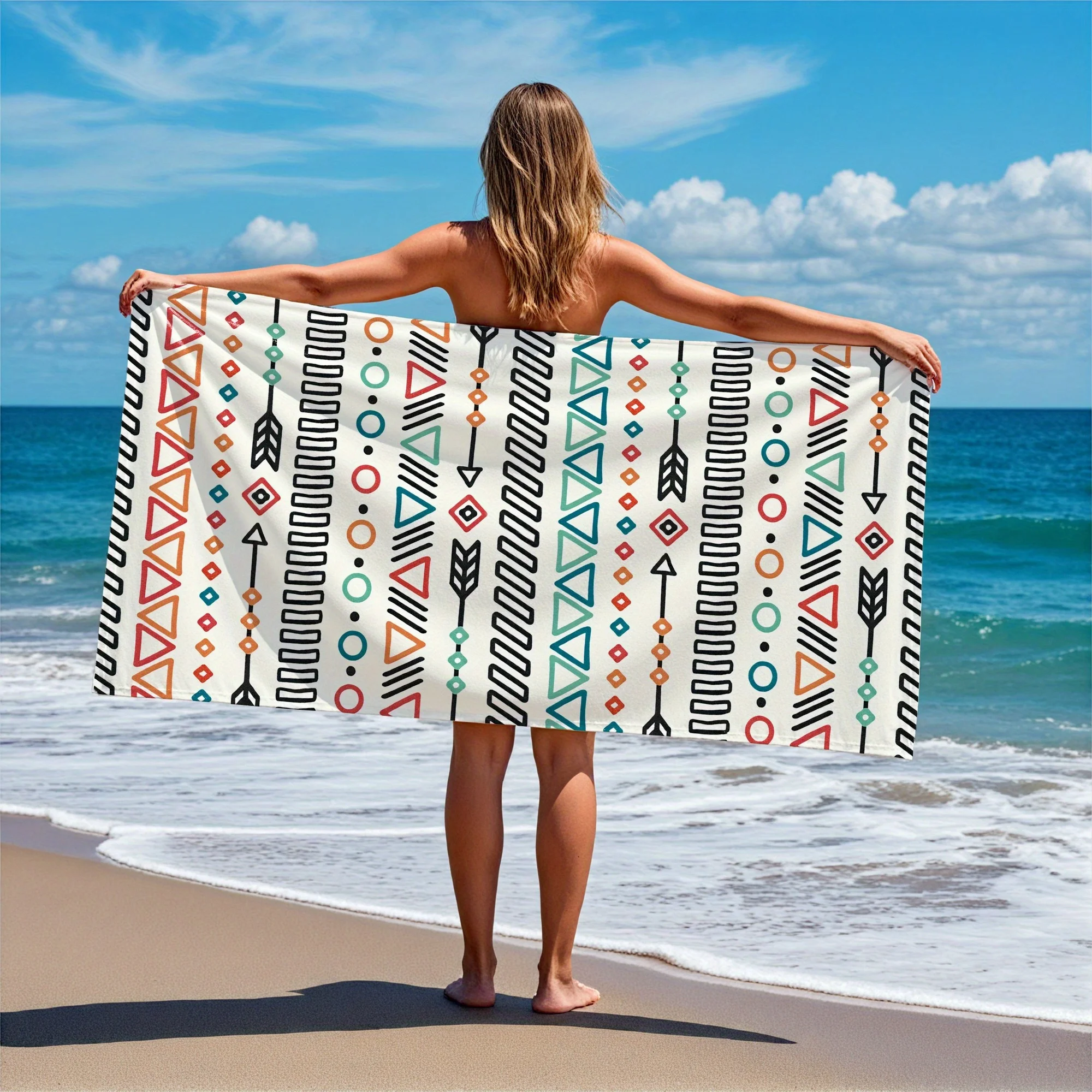 Boho Geometric Arrow Triangle Beach Towel – Colorful Tribal Print for Summer Travel & Poolside Relaxation