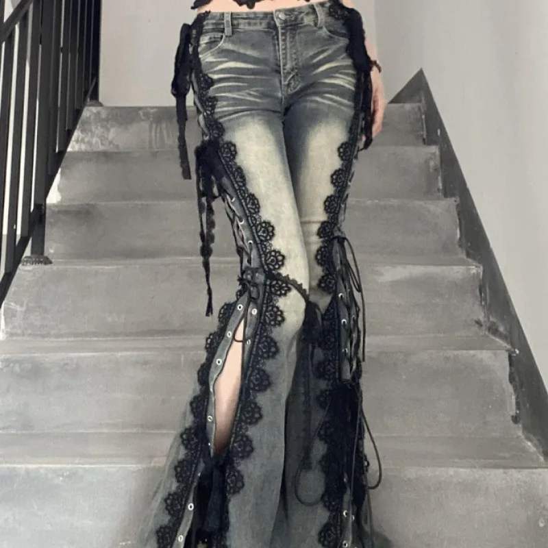 الرجعية الثقوب الدانتيل يصل مضيئة الجينز غرزة الدانتيل شعيرات ضئيلة منخفضة الارتفاع سبليت Bootcut السراويل النساء جرس قيعان الشارع الشهير