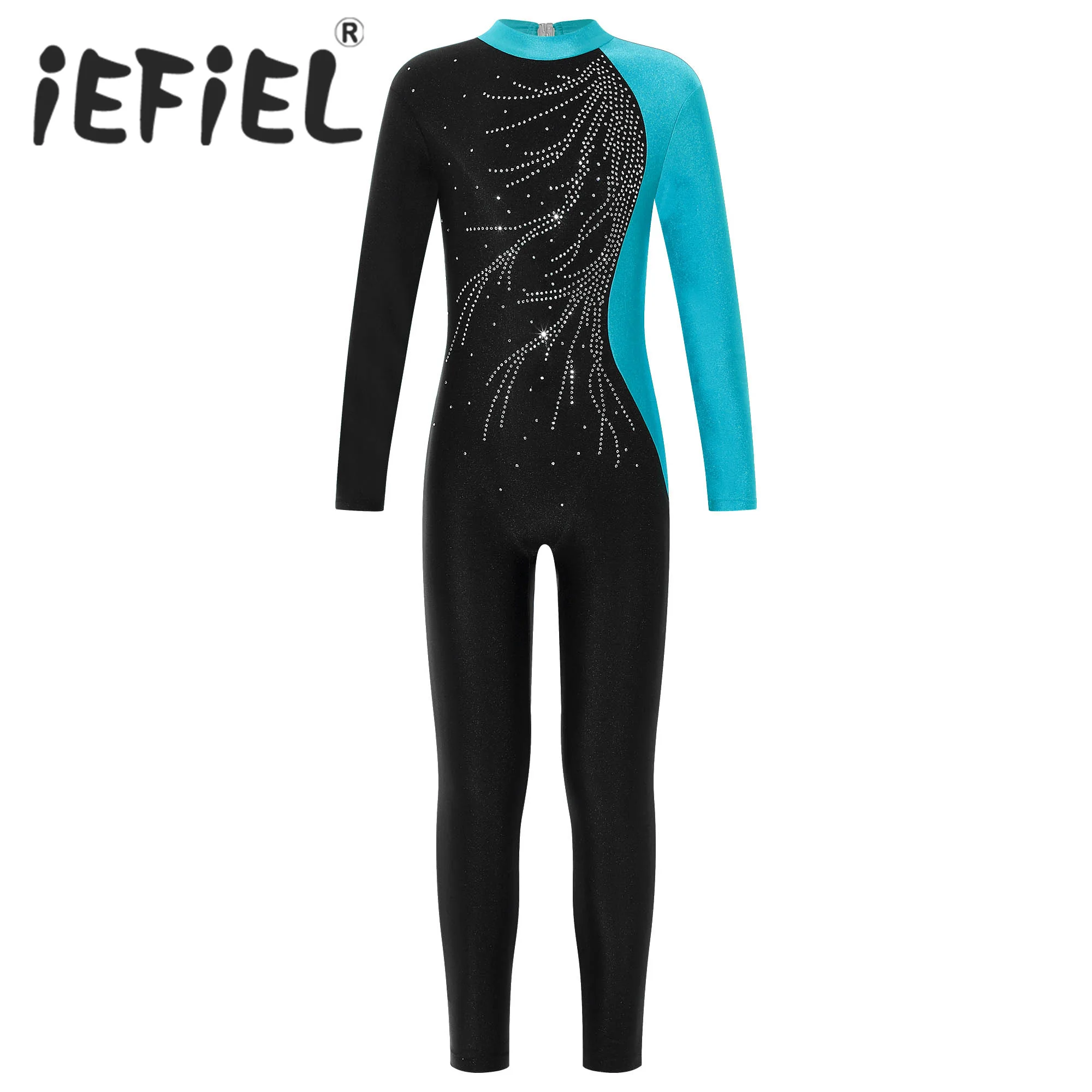 Kids Girls Ballet Dance Jumpsuit Long Sleeve Shiny Rhinestone Gymnastics Workout Dance Bodysuit Romper for Stage Performance