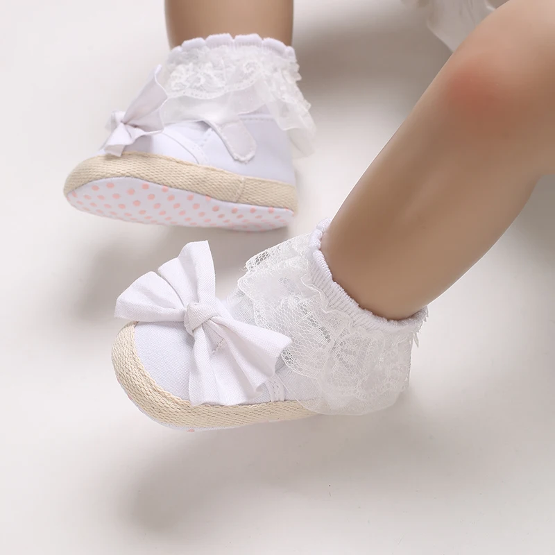 White Cotton Baby Girl Cotton Shoes Retro Spring Autumn Toddlers Prewalkers Baptism Shoes Infant Soft Bottom First Walkers 0-18