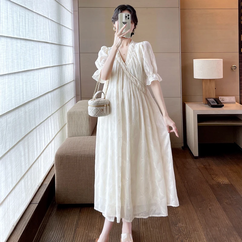 8251# Summer Korean Fashion Maternity Long Maxi Dress Fashion V neck Loose Straight Clothes for Pregnant Women Stylish Pregnancy